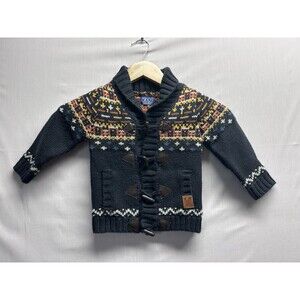 Minoti Boys 2T Toddler Chunky Blue Toggle Button Fair Isle Cardigan Sweater